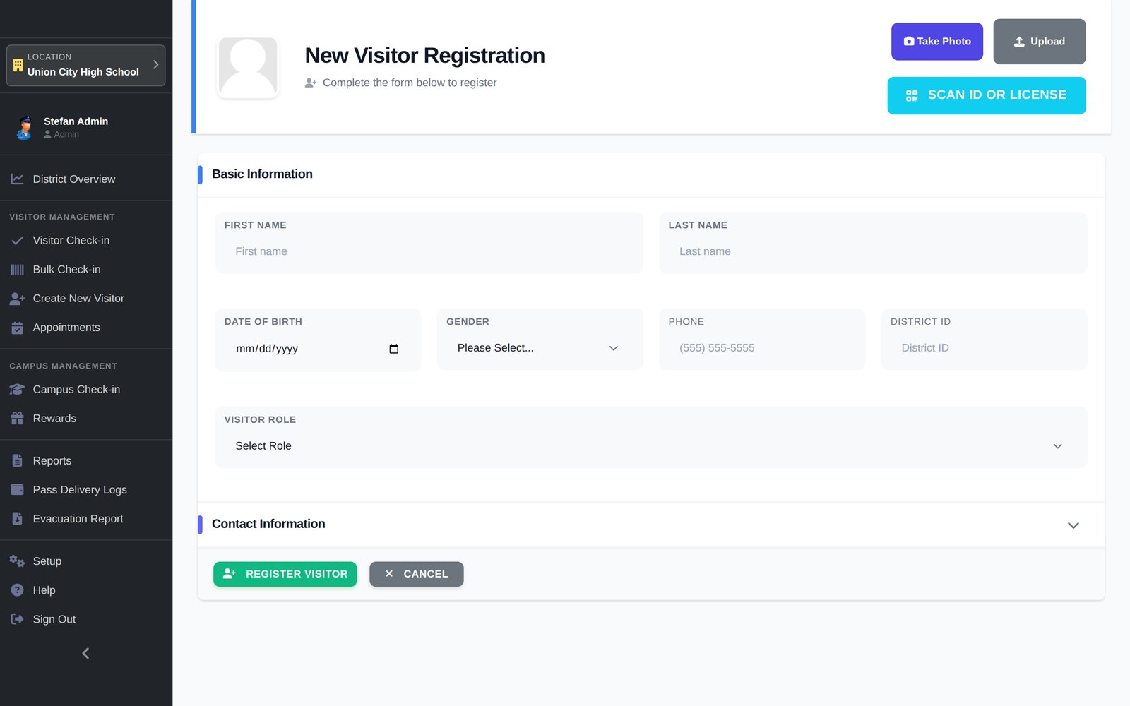 EduQueue new visitor registration form with Take Photo, Upload and Scan ID or License buttons, and fields for first name, last name, date of birth, gender, phone, district ID and visitor role.